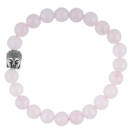 CRYSTALINES Buddha Charm Stretchable Braceclet, Natural Rose Quartz Gemstone Beads, Plain Round Stones, Handmade Boho Strech Bracelet, Adjustable Spiritual Healing Crystal Unisex Jewelry Gift