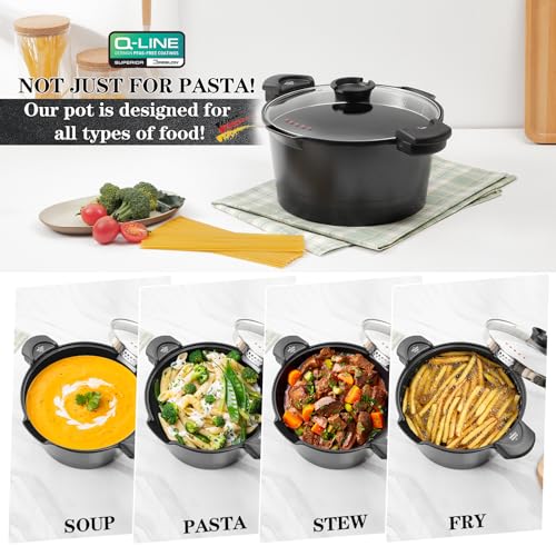 5qt Pasta Pot with Strainer Lid, Cast Aluminum Stockpot Multipot, Nonstick Ceramic Coating make Cleanup easy with Tempered Glass Lid, Dishwasher Safe, Induction, Black
