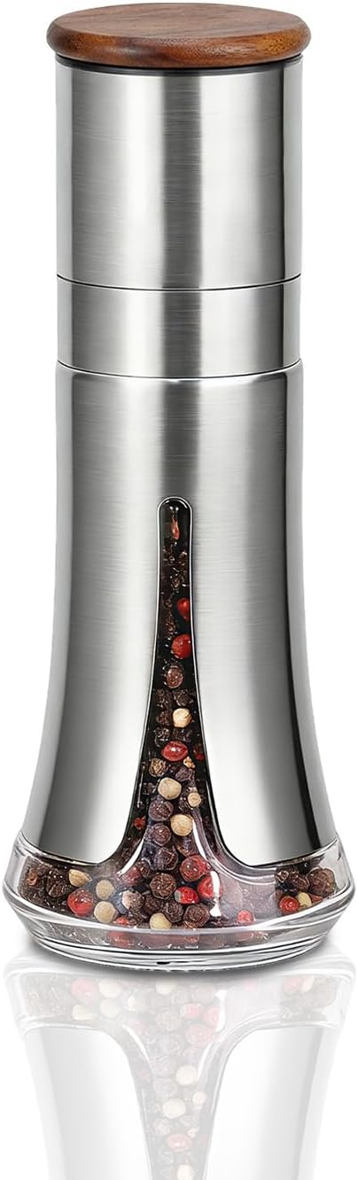 Aelga Pepper Mill - 4oz Stainless Steel Pepper Grinder Manual with 5-Level Adjustable Coarseness, Wood Lid, Silicone Funnel