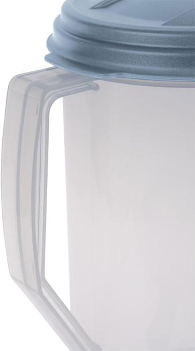 Sterilite 2 Quart Clear Round Plastic Pitcher, Dishwasher Proof with Blue Lid, Spout, and Handle for Easy Pouring, Washed Blue, 12-Pack