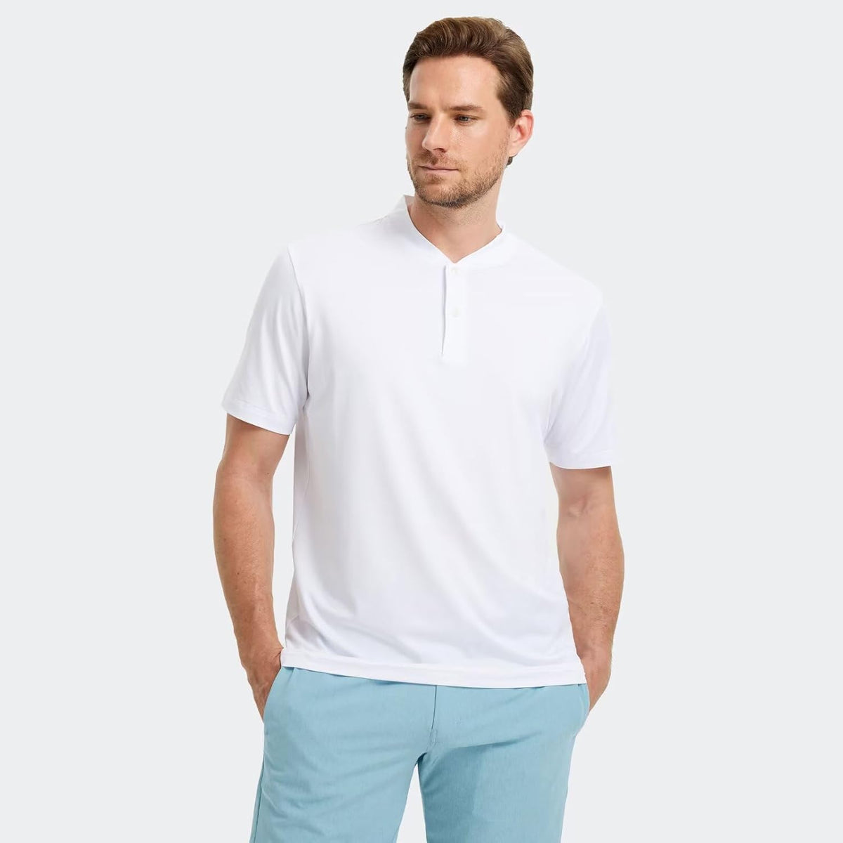 M MAELREG Collarless Golf Shirts for Men Dry Fit Moisture Wicking Performance Solid Casual Mens Henley Shirts Short Sleeve