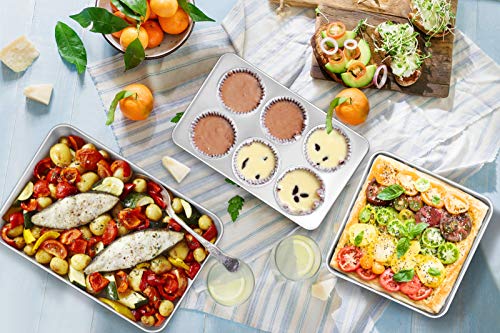 TeamFar Stainless Steel Bakeware Set of 8, Baking Roasting Toaster Oven Pans, Lasagna/Square/Round Cake Pan, Loaf Pan & Muffin Pan, Non-Toxic & Sturdy, Smooth & Dishwasher Safe