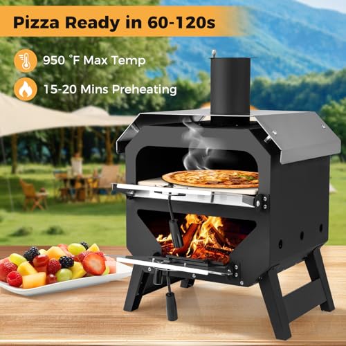 Happygrill Pizza Oven Outdoor, 12” Portable Wood-Fired Pizza Stove with Pizza Stone, Pizza Peel & Oxford Cloth Cover, Multi-Fuel Pizza Maker with Stainless Steel Roof for Patio Backyard Camping BBQ