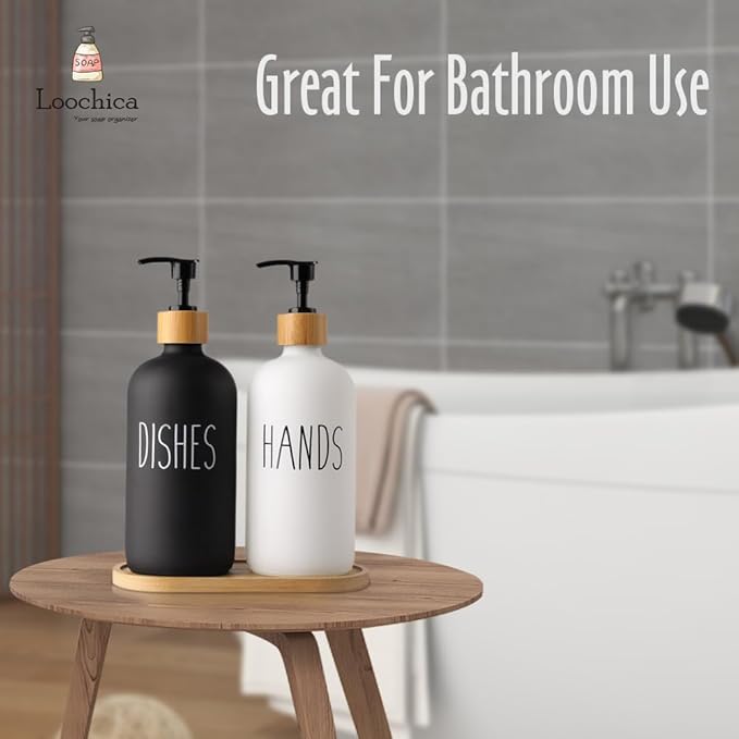 LOOCHICA 2 Pack Glass Soap Dispenser Set with Tray, Hand and Dish Glass Soap Dispensers for Kitchen Sink, Kitchen Soap Dispenser Set Suitable for Black and White Kitchen Decor