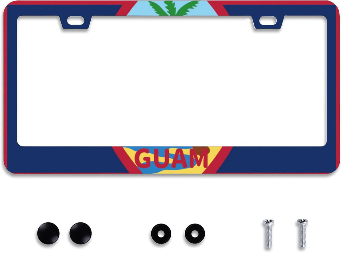 Personalise Guam Flag License Plate Frames Round Hole Guams License Plate Frame Car Universal Accessories Stainless Steel Cars Decorative 2 Holes Screws Fits Standard US Vehicles Size 12.2 x 6 Inch
