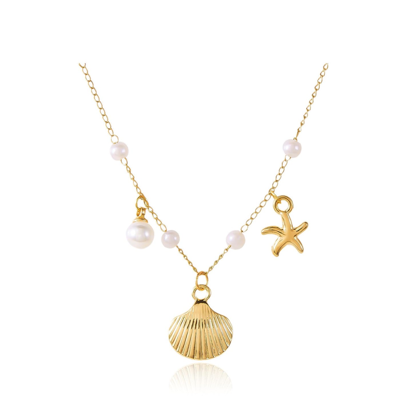 Seashell Charm Necklace for Women Starfish Conch Pendant Pearl Necklaces Trendy Beach Jewelry for Vacation
