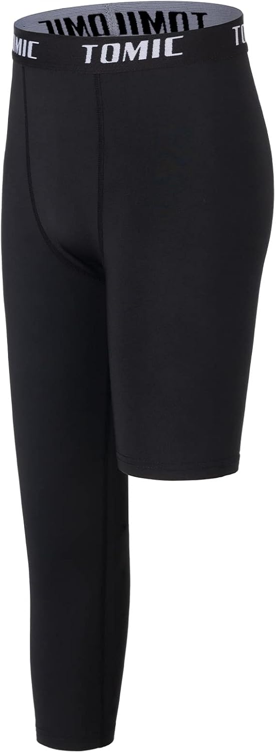 Tomic Youth Boys Kids One Leg 3/4 Leggings Compression Pants for Basketball Soccer Sports Athletic Training Tights Base Layer