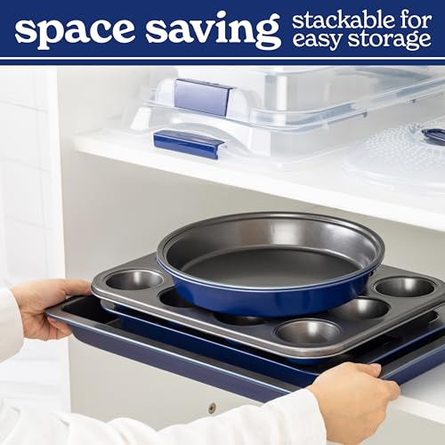 Country Kitchen Baking Pans Set - 10 Piece Non-Stick Cake Pans with Carry Lids for Easy Storage & Travel, Perfect for Parties - Stackable, Navy