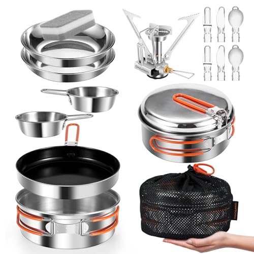 Odoland 15pcs Stainless Steel Camping Cookware Camping Pot and Pan Set with Portable Camping Stove Camping Mess Kit with Plates Bowls Forks Knives Spoons for Hiking Backpacking and Picnic