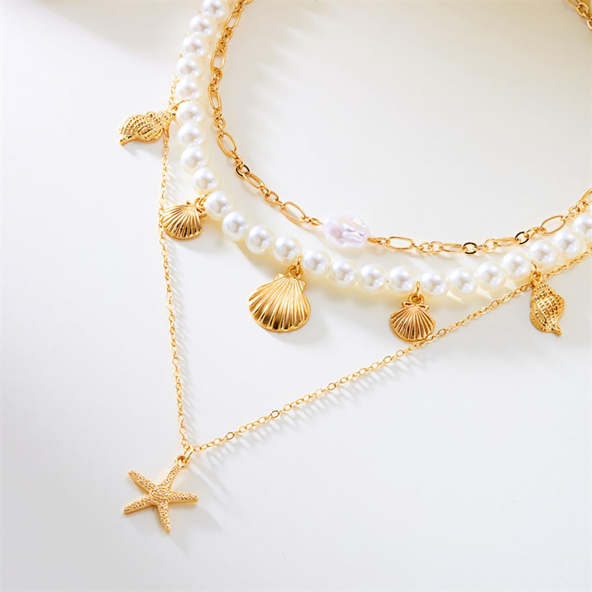Boho Multi-layered Shell Starfish Necklace Layered Pearl Pendant Choker Necklace Fashionable Clavicle Chain Necklace Seaside Beach Vacation Jewelry for Women (Starfish2)