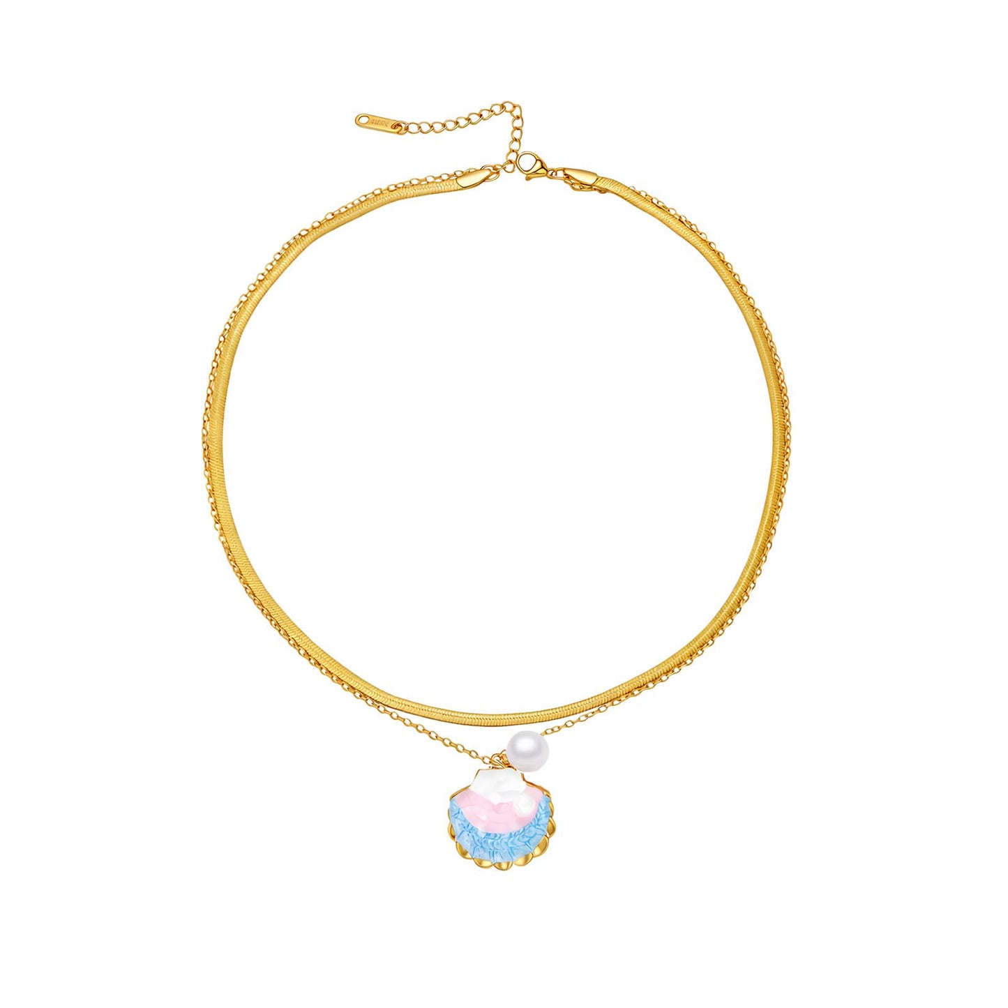 Layered Gold Shell Starfish Necklace for Women Blue Starfish Shell Pendant Necklace Vintage Stainless Steel Pearl Snake Chain Necklace Summer Beach Jewelry Gifts (Small Shells)