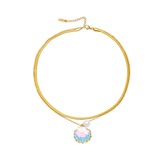 Layered Gold Shell Starfish Necklace for Women Blue Starfish Shell Pendant Necklace Vintage Stainless Steel Pearl Snake Chain Necklace Summer Beach Jewelry Gifts (Small Shells)