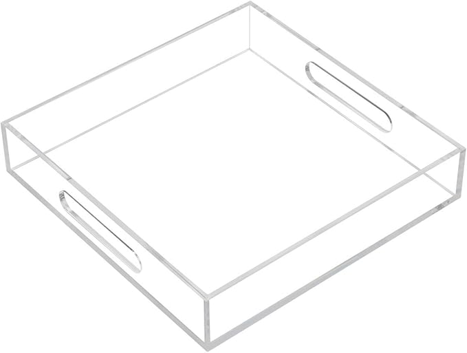 Clear Sturdy Acrylic Serving Tray with Handles - 10x10Inch - Coffee, Appetizer, Breakfast, Butler Tray - Kitchen Countertop & Vanity Table Organizer
