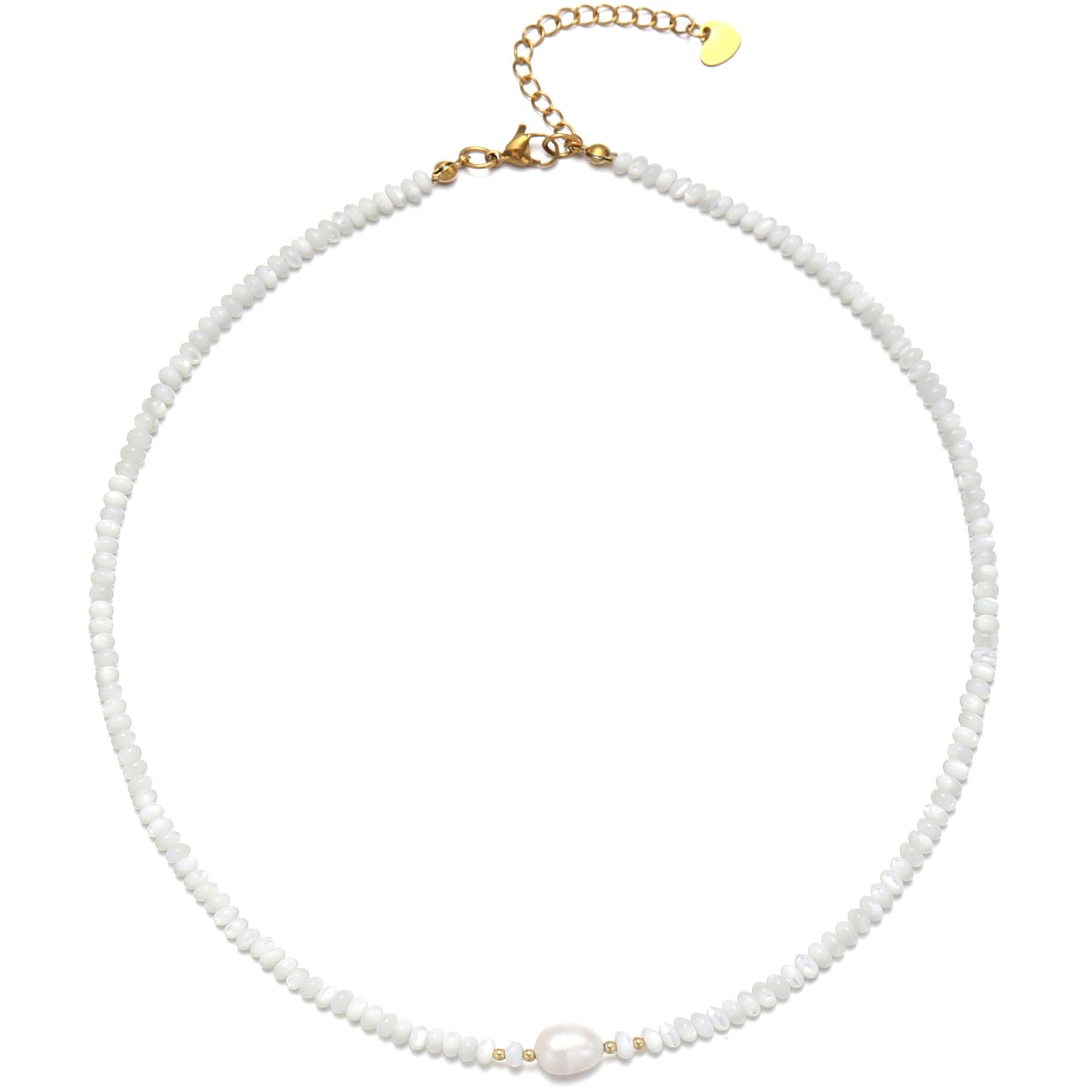 ERNAULO Beaded Necklaces for Women Seashell Beach Necklace with Freshwater Pearl 14K Gold Plated Boho Summer Handmade Jewelry CK-Seashell-White