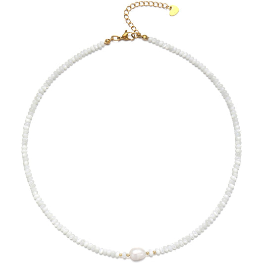 ERNAULO Beaded Necklaces for Women Seashell Beach Necklace with Freshwater Pearl 14K Gold Plated Boho Summer Handmade Jewelry CK-Seashell-White