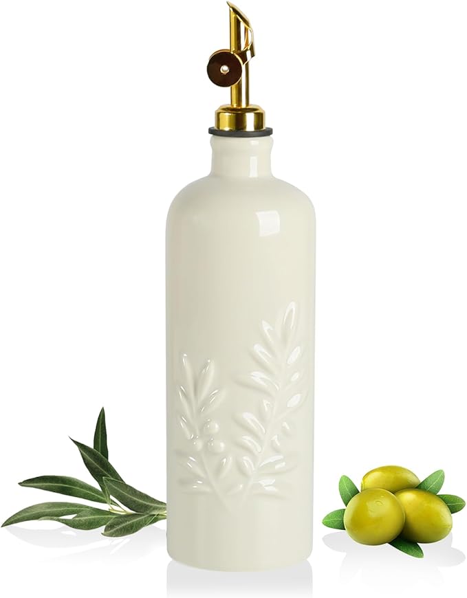Sweejar 18 Oz Oil Dispenser for Kitchen with Gravity Spout, Ceramic Olive Oil Dispenser Bottle, Relief Opaque Vinegar Container for Evoo, Vinegar, Soy Sauce, Pack of 1(Beige, Gold Spout)