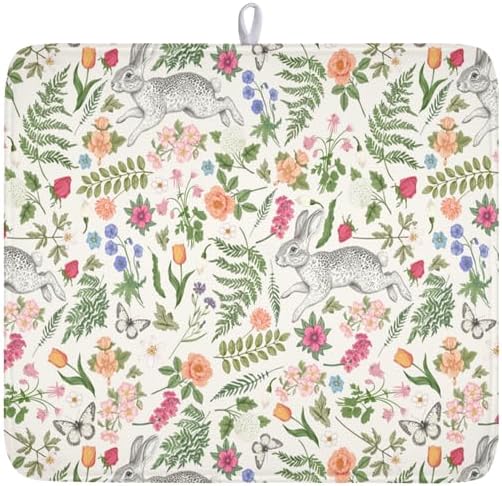Easter Bunny Dish Drying Mat for Kitchen Counter,Colorful Flowers Sage Green Leaves Vintage Botanical Plants Drying Mat 16 x 18 Inch with Absorbent Reversible Microfiber Drying Pad for Coffee Bar