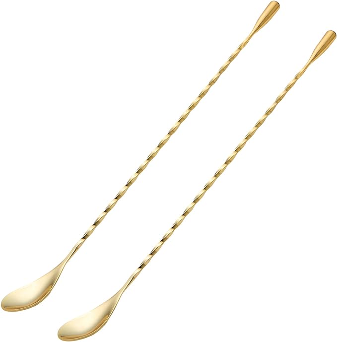 2 Pcs 12 Inches Bar Spoon, Long Handle Mixing Stirrers for Drink, Briout Stainless Steel Bar Cocktail Shaker Spoon, Gold