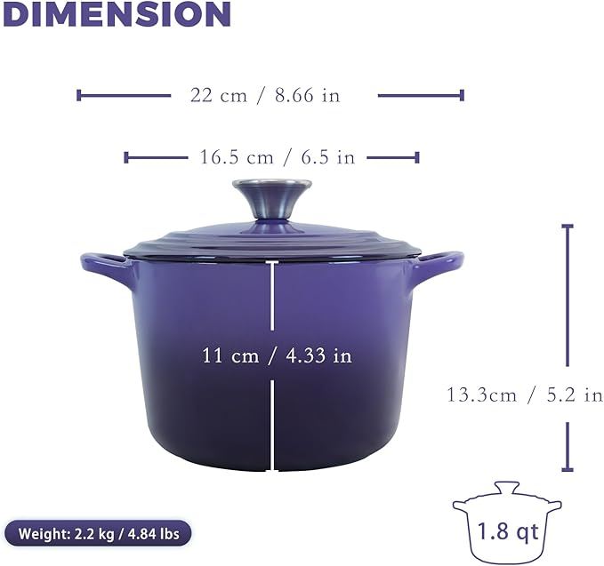 Flavehc Dutch Oven Pot with Lid 1.8 qt Cast Iron Dutch Oven for Bread Baking Purple Enameled Cast Iron Rice Pot with Handels