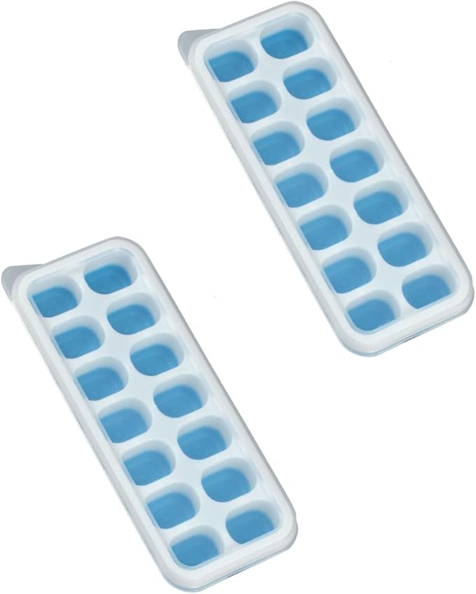 Ice Cube Tray with Lid, Easy-Release, Flexible, Ice Cube Tray, Spill-Resistant, for Freezer, Cocktail, Drinks, Coffee, 2 Pack 28 Pcs, Blue,1.1x2.8x7.2 in