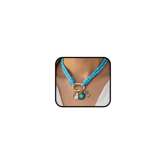 Chunky Paperclip Buckle With Ocean Charm Necklace For Women, Multicolor Dark Sky Blue Boho Double Layered Rope Chain Heart Butterfly Seashell Starfish Seahorse Pendant Versatile Choker Adjustable Minimalist Summer Beach Jewelry Gift (Choker Sky Blue)