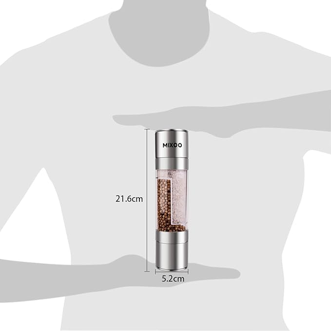 Mixoo Salt and Pepper Grinder - 2 in 1 Manual Stainless Steel Salt Pepper Mill Herb Spice Grinder Shakers Refillable with Adjustable Coarseness Ceramic Rotor and Dual Clear Acrylic Chamber
