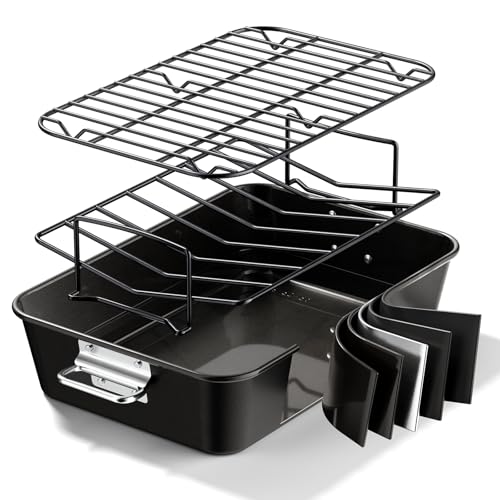 Armorbear Turkey Roasting Pan with Rack Non stick Carbon Steel Roaster 16x11 Inch, Dishwasher Safe, Deep Baking Broiler Pan for Oven Chicken, Bacon, Black