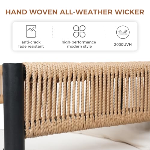 Grand patio 5-Piece Outdoor Dining Set for 4, Metal Woven Wicker Fixed Patio Chairs with Thickened Cushions & 1 Square Woodgrain Dining Table with Umbrella Hole for Backyard Deck (Natural)