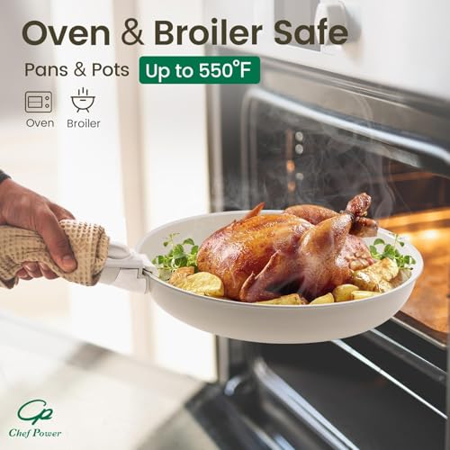 Chef Power Ceramic Cookware Set Non Toxic with Detachable Handles, Healthy Nonstick Pans and Pots Set 19 Pcs, Induction Dishwasher Oven Safe Kitchen Set, PFAS PFOA & PTFE Free, Cream White