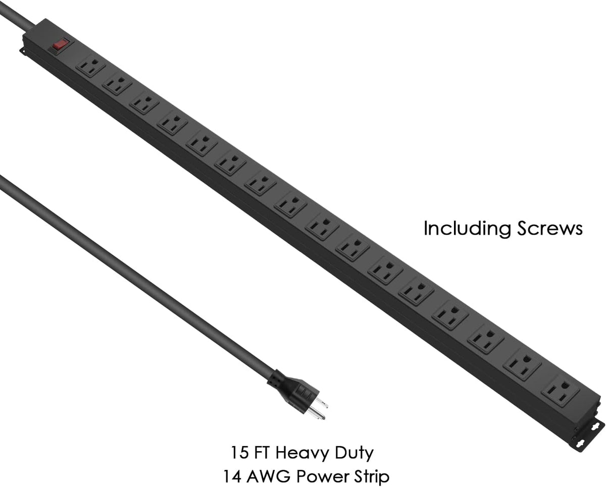 HHSOET 16-Outlet Metal Wall Mount Power Strip, 15 ft 14AWG Power Cord, 15A 125V 1875W, Black