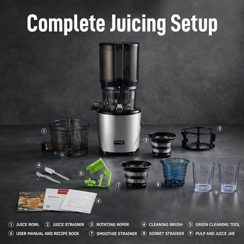 Kuvings AUTO10 Cold Press Juicer Machine – Self-Feeding for Hands-Free Use – Easy to Clean, Quiet 240W Motor, 100 oz Large Masticating Juicer – Designed for Silky Juice with Low Pulp – Silver