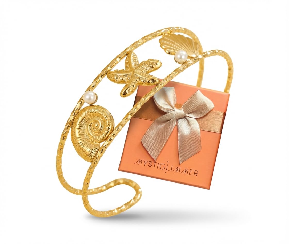 MystiGlimmer Starfish Open Cuff Bracelet for Women 18K Gold Plated Stainless Steel, Adjustable Ocean-Inspired Arm Cuff, Waterproof, Hypoallergenic Beach Jewelry Gift
