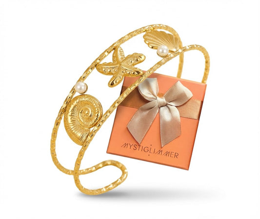 MystiGlimmer Starfish Open Cuff Bracelet for Women 18K Gold Plated Stainless Steel, Adjustable Ocean-Inspired Arm Cuff, Waterproof, Hypoallergenic Beach Jewelry Gift