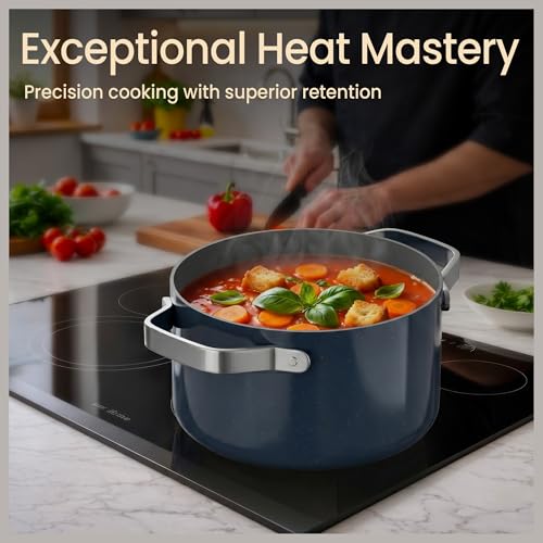 Bakken 5 Quart Ceramic Coated Stock Pot with Lid, Easy to Clean Nonstick Pot, Tempered Glass Lid, Riveted Stainless Steel Handles, Oven Safe Up To 500°F, PTFE & PFAS Free, All Stove Compatible, Blue