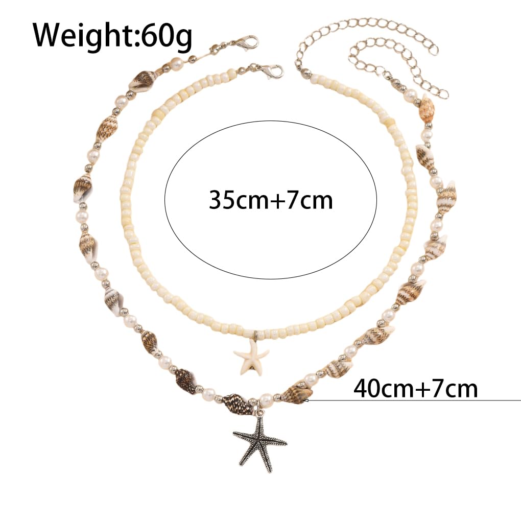 Starfish Conch Layered Necklaces for Women Charm Pearl Beaded Choker Necklace Boho Starfish Fish Pendant Necklaces Trendy Beach Jewlery Accessories (White2)