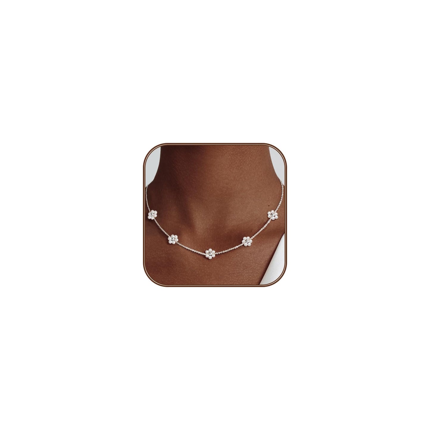 OGD Silver Pearl Necklaces 925 Silver Plated Dainty Chain Cute Daisy Pearl Choker Necklace Flower Necklaces for Women Trendy Jewelry Gifts