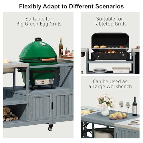 Merax 75.4" Outdoor Kitchen Island with Sink, Solid Wood Outdoor Grill Cart for Big Green Egg Grills, Rolling Outdoor Bar Cart with Stainless Steel Top for Pizza Prep & BBQ, Grey+Blue