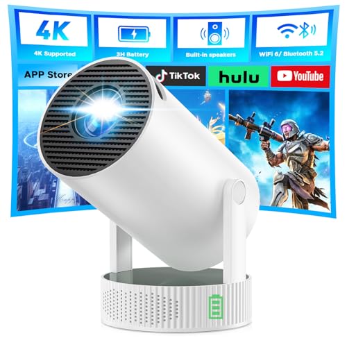 Mini Projector, Projector with Wifi and Bluetooth Built-in Battery 4K Portable Projector for Outdoor Bedroom, Smart Projectors 1080P Compatible with iphone/TV Stick/HDMI/Laptop