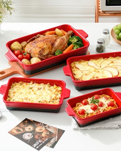 Casserole Dishes For Oven, Heat-Resistant Ceramic Bakeware Set Of 4 Rectangular Baking Dish Set With Handles For Lasagna, Cake, Pie, Dinner, Cooking, Ceramic Baking Dish, Red (9.4"/11.1"/12.2"/14.7")