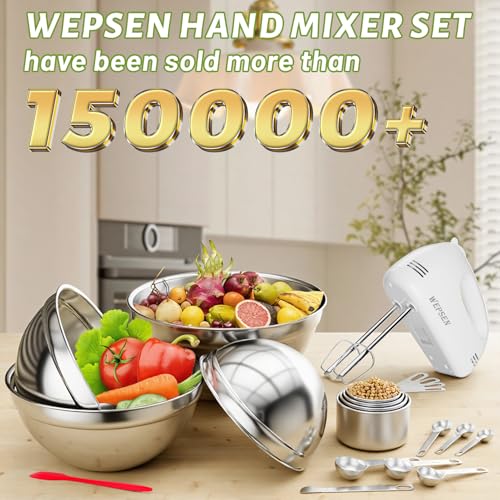WEPSEN 5-Speed Electric Hand Mixer, 4 Large Mixing Bowls Set, Handheld Mixers with Whisks Beater, Stainless Steel Metal Nesting Bowl Measuring Cups Spoons Kitchen Cake Blender for Baking Supplies