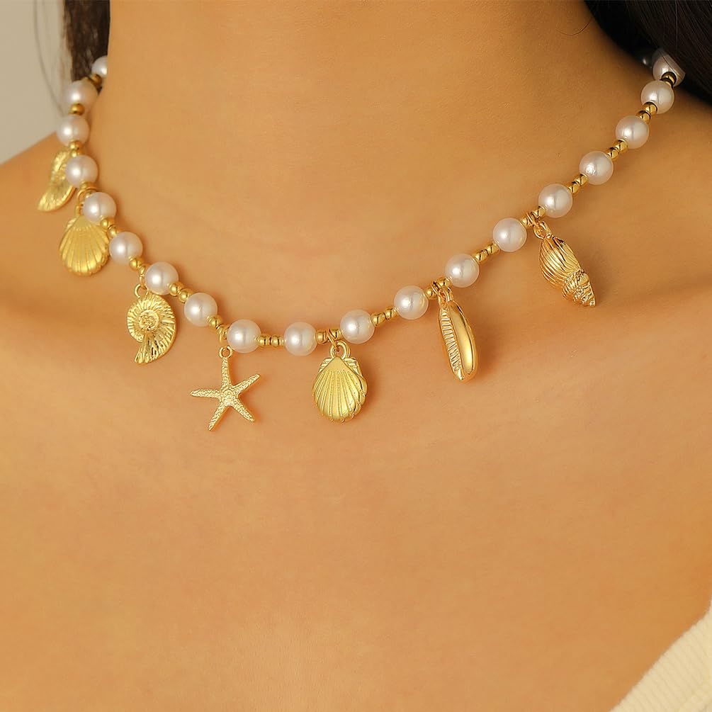 Gold Starfish Conch Oval Pearl SeaShell Necklace for Women Trendy, Statement Boho Shell Pearls Beaded Chain Necklaces Holiday Beach Party Jewelry (Gold 2)