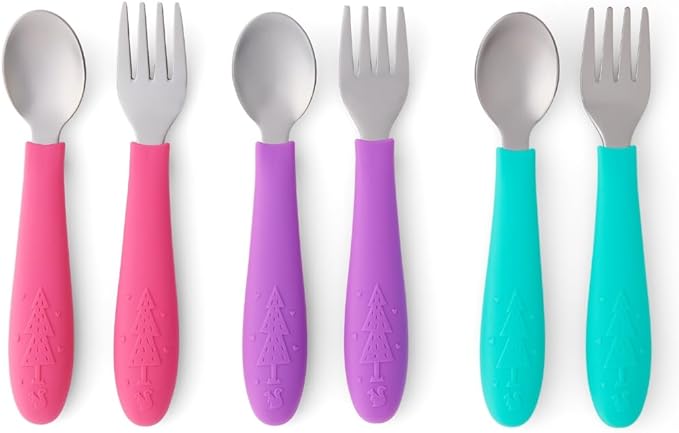 Elk and Friends Kids Silverware with Silicone Handle | Childrens Safe Flatware | Toddler Utensils | Baby Spoons + Forks | Stainless Steel Cutlery | Dishwasher Safe | 6 Pieces