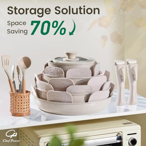 Chef Power Ceramic Nonstick Pots and Pans Set 19 Piece with Detachable Handle, Induction Dishwasher Oven Safe Cookware Set, RV Kitchen Set Removable Handle, Mocca Taupe
