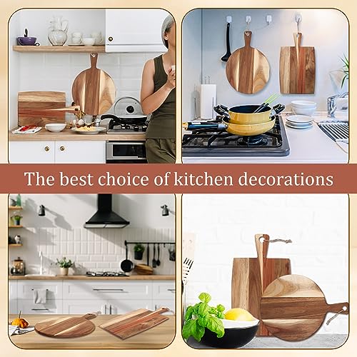 Hsei 2 Pcs Acacia Wood Cutting Board with Handle Wooden Charcuterie Board Large Paddle Carving Chopping Set Butter Serving Tray for Cheese Meat Fruit Pizza Bread Baking(Classic Handle)