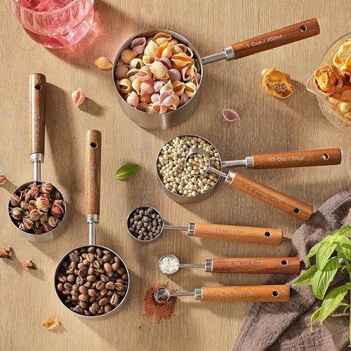 8PCS Measuring Cups, DAJLFA Stainless Steel Measuring Cups and Spoons Set with Ergonomic Wooden Handle for Cooking & Baking