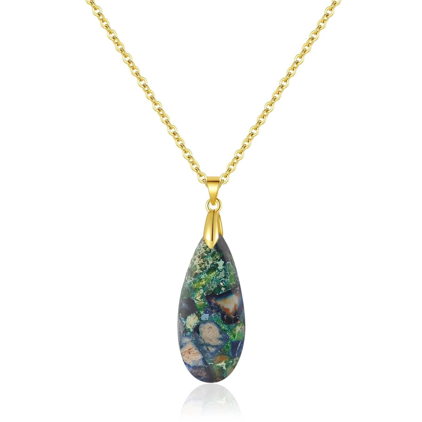 Sriomu Natural Healing Stone Chain Necklaces for Women Teardrop Gemstone Pendant Statement Gold Necklace (Green Blue - Gold)