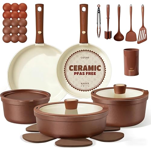CAROTE 22Pcs Ceramic Cookware Set, Pots and Pans Set Non Stick Removable Handles, Non Toxic Cookware Oven/Dishwasher Safe, Induction Cookware, Gift Set, NonStick Cookware Set with Kitchen Essentials