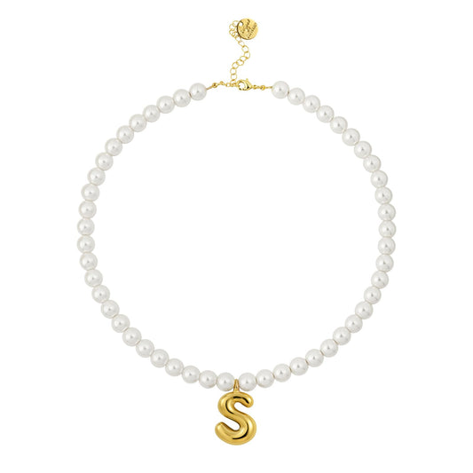DoDoBeads Pearl Initial Necklace, 18K Gold Plated Stainless Steel Balloon Letter Pendant S, Non-Tarnish Waterproof Chunky Monogram Jewelry Gifts for Women Teens