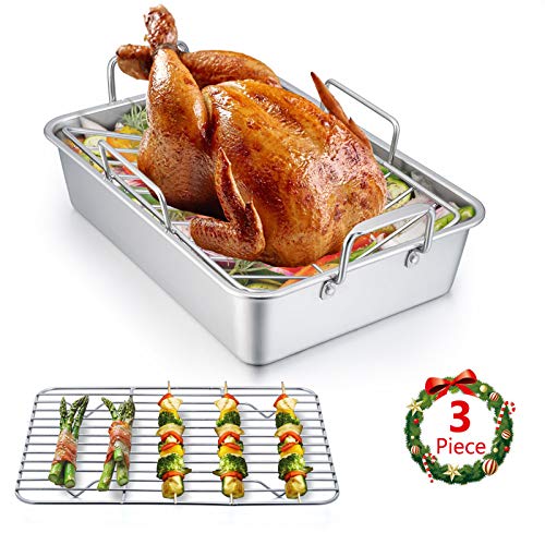 E-far 14 x 10.6 Inch Roasting Pan, Stainless Steel Turkey Roaster with V Rack & Baking Rack Set, Small Heavy Duty Deep Broiling Pan for Oven Cooking Lasagna Meat Chicken - Dishwasher Safe
