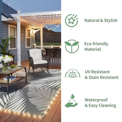 GENIMO Outdoor Rug 6' x 9' Waterproof for Patios Clearance, Reversible Outdoor Plastic Straw Camping Rug Carpet with LED String Light, Area Rugs Mats for RV, Camper, Deck, Balcony, Porch, Grey&White